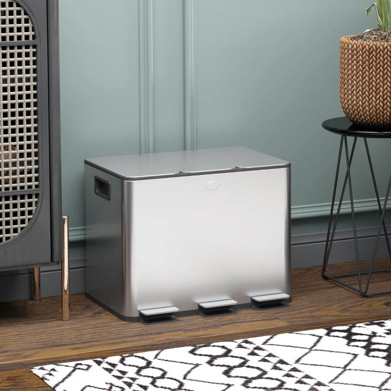 HOMCOM Pedaalemmer 3 x 20 L met geurvakken, vingerafdrukbestendig RVS, soft‑close, uitneembare binnenemmers – Zilver(m-10)