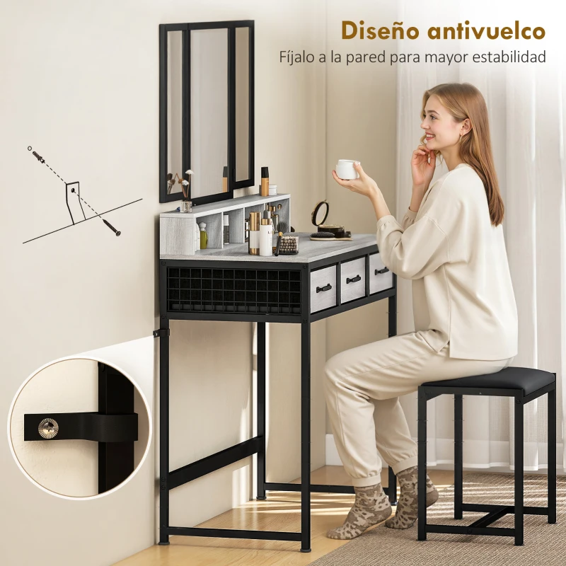 HOMCOM Tocador de Maquillaje con Espejo Tríptico Desmontable Taburete 3 Cajones de Tela Soporte para Secador de Pelo Gris