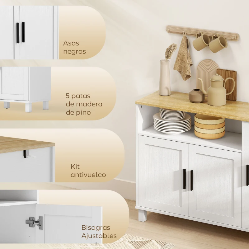 HOMCOM Aparador de 3 Puertas de Cierre Suave con Estantes Ajustables Compartimento Abierto Patas de Madera Blanco