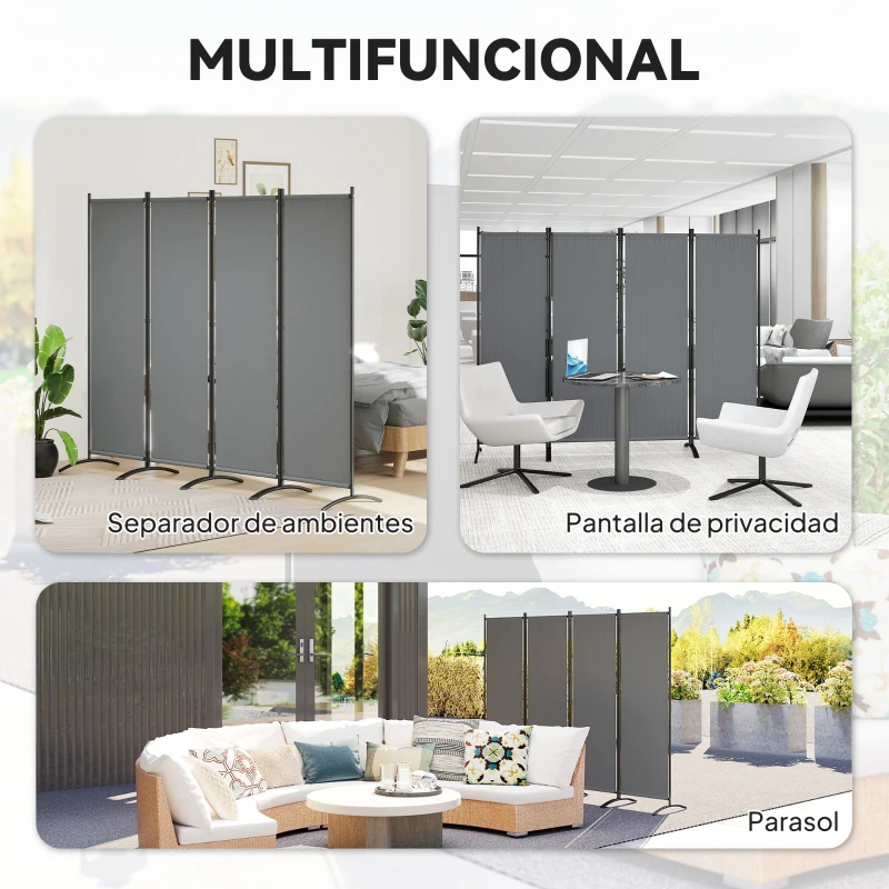 Outsunny Biombo de 4 Paneles Separador de Ambientes Plegable 221x172 cm Biombo Interior para Oficina Dormitorio Gris Oscuro