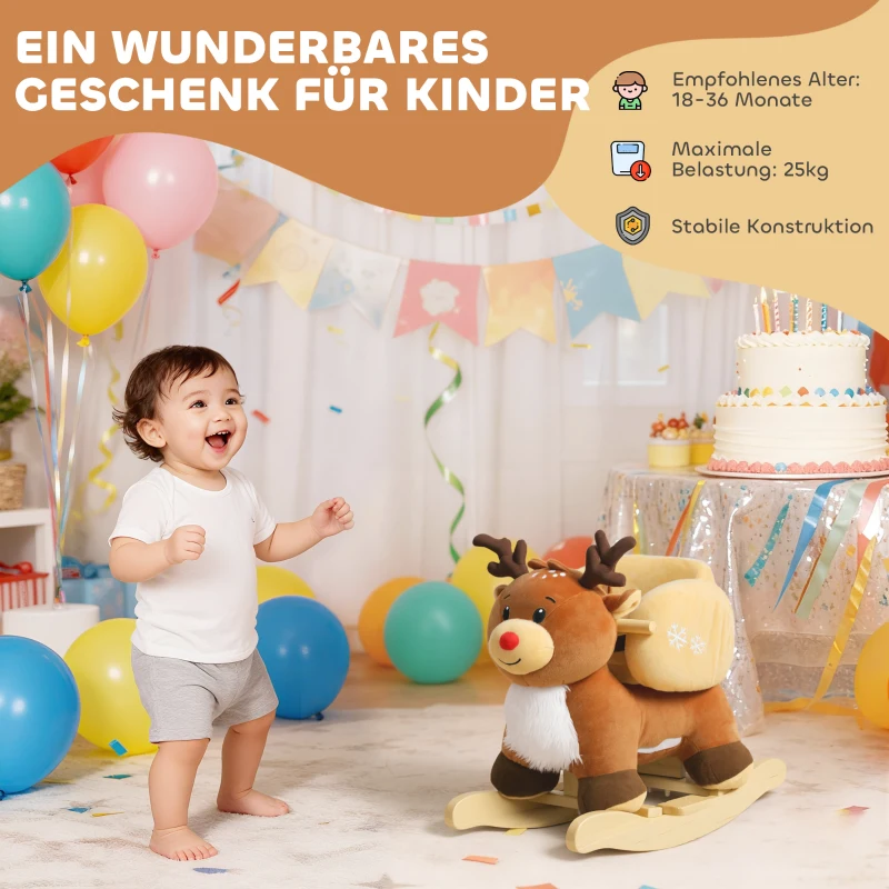 AIYAPLAY Kinder Schaukelpferd Baby Schaukeltier Rentier mit Schlafliedern, für 18-36 Monate Plüsch 65 x 35 x 59 cm Braun