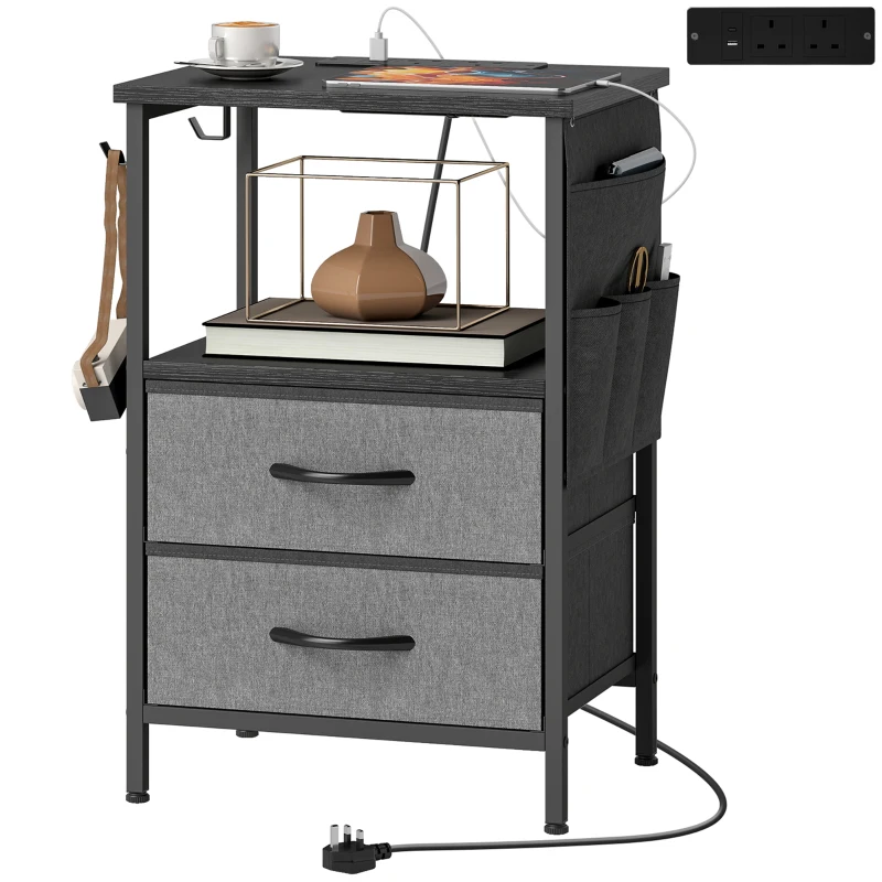 HOMCOM Bedside Table with Charging Station - Black