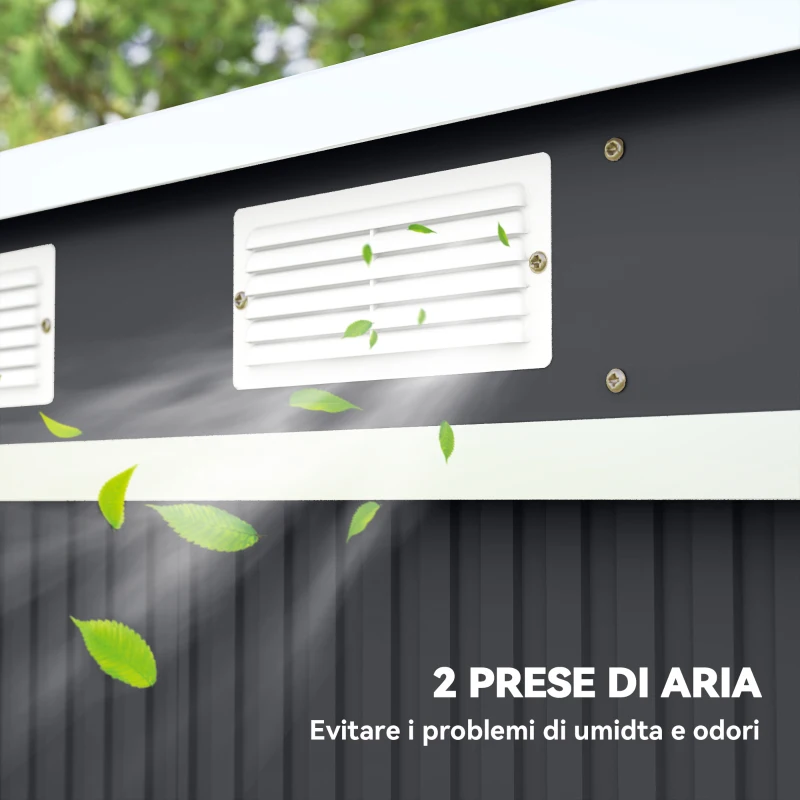 Outsunny Capanno Attrezzi con Tetto Inclinato, 2 Ingressi e Prese d'Aria, in Acciaio, 213x130x172 cm, Grigio Scuro
