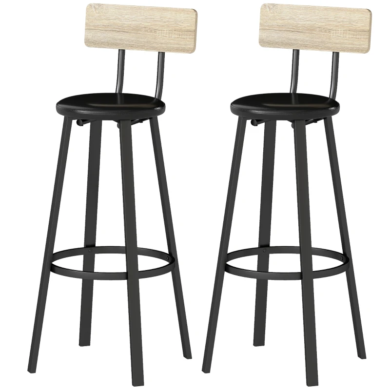 HOMCOM Juego de 2 Taburetes Altos de Cocina con Respaldo y Reposapiés Tapizados de PU Asiento de 75,5 cm Natural y Negro