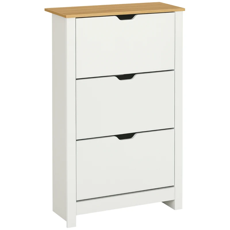 HOMCOM Armoire à Chaussures 3 Portes abattantes 2 Compartiments Panneaux Particules Blanc chêne