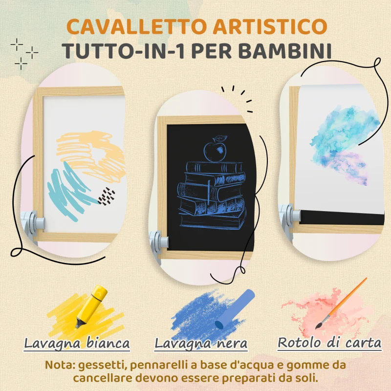 AIYAPLAY Cavalletto per Bambini Doppia Lavagna per Gesso e Pennarelli, Lavagnetta Magnetica e Rotolo di Carta, Legno