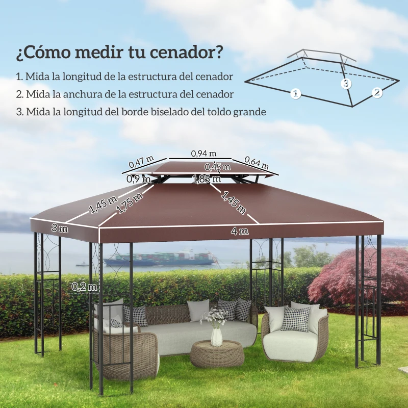 Outsunny Techo de Repuesto para Cenador 4x3 m Cubierta de Repuesto con Techo Doble 10 Orificios de Drenaje y Protección UV Toldo de Recambio para Pabellón Gazebo Marrón