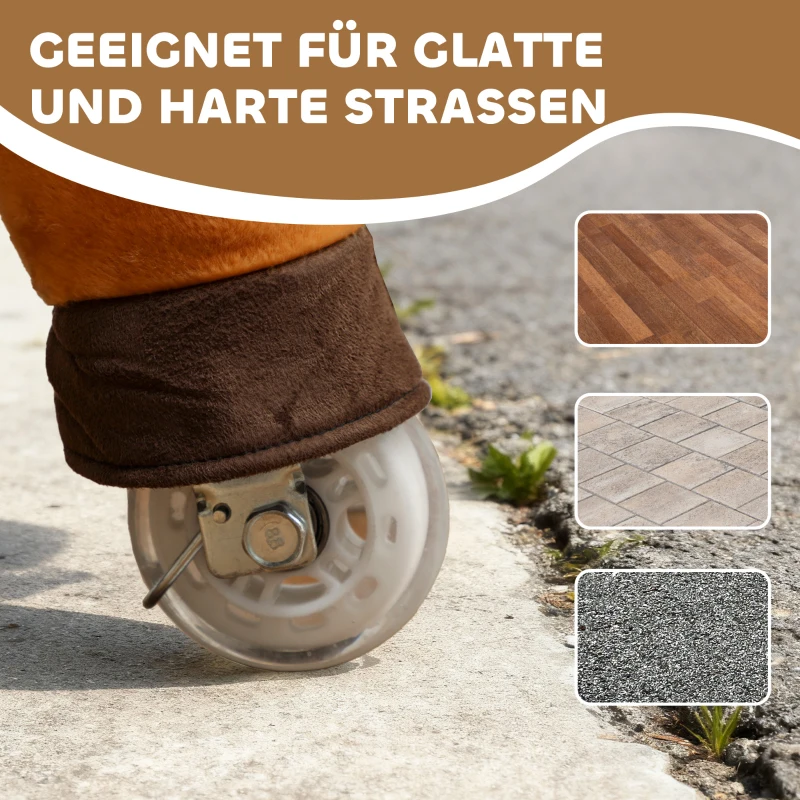 AIYAPLAY Reitpferd für Kinder, Stoffbezug, stabiler Rahmen, sanfte Räder, Schaukelpferd, 3-5 Jahre, Dunkelbraun