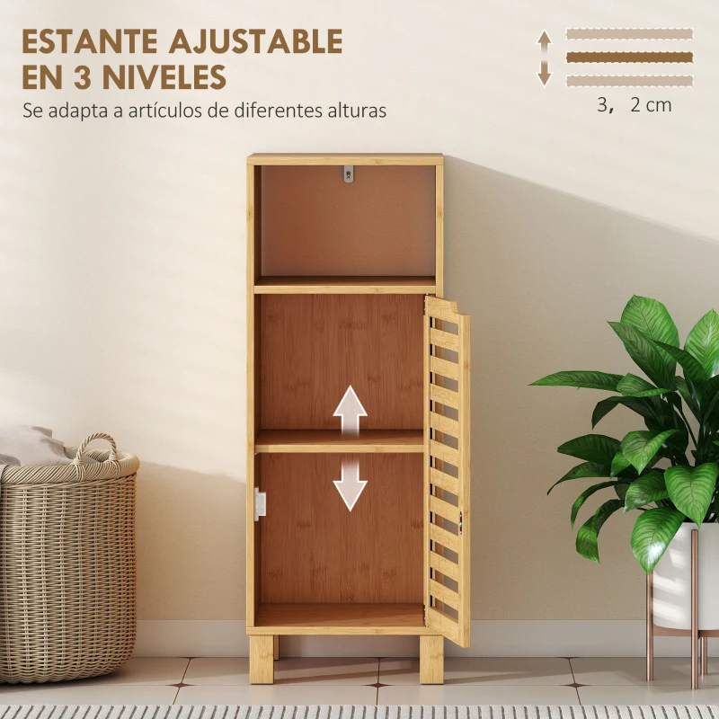 HOMCOM Mueble Auxiliar de Baño Estrecho con Puerta de Lamas Balda Abierto Estante Ajustable 30x30x80 cm Natural
