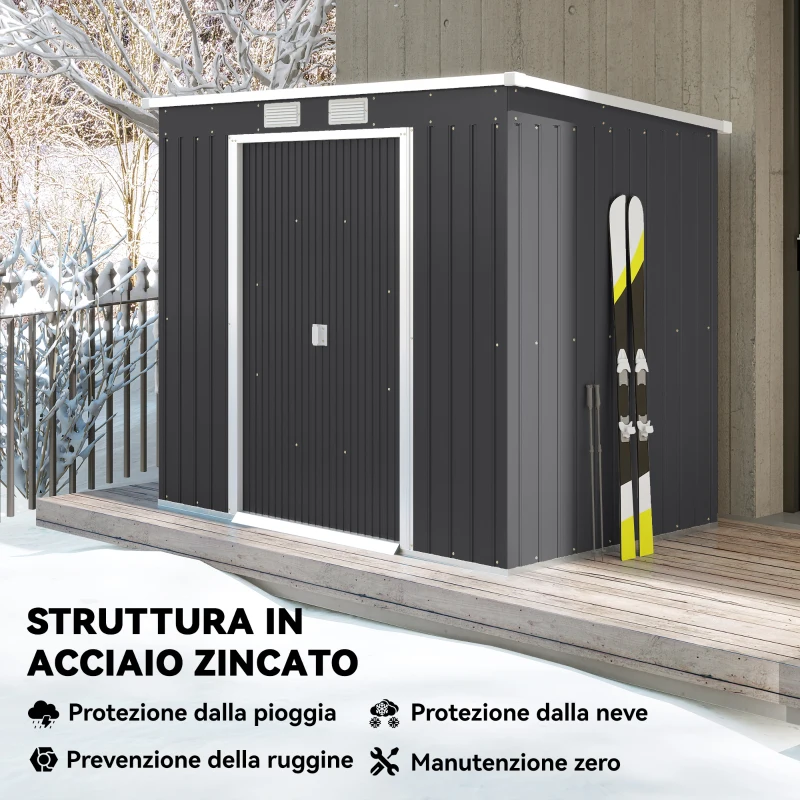 Outsunny Capanno Attrezzi con Tetto Inclinato, 2 Ingressi e Prese d'Aria, in Acciaio, 213x130x172 cm, Grigio Scuro