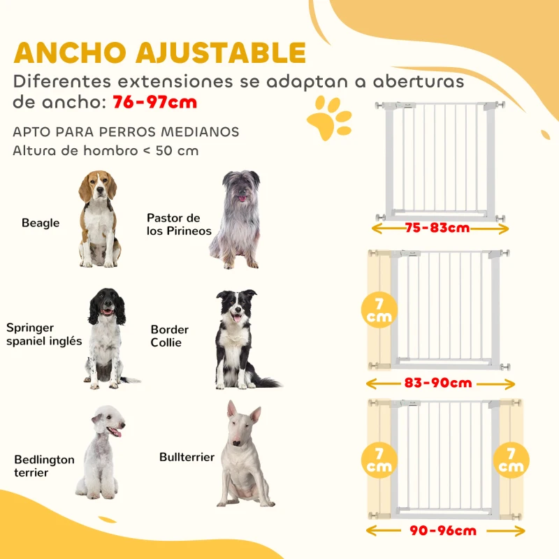 PawHut Barrera de Seguridad de Perros Extensible para Escaleras y Puertas 76-97 cm con 2 Extensiones de 7 cm Cierre Automático y Marco Metálico Altura 76 cm Blanco