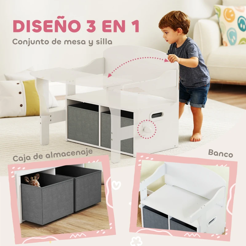 AIYAPLAY Banco Infantil Convertible 3 en 1 Juego de Mesa y Silla Baúl de Juguetes con Cubos de Tela Extraíbles Blanco