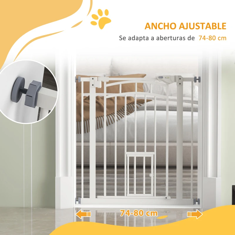 PawHut Barrera de Seguridad para Perros 74-80 cm con Montaje a Presión Doble Bloqueo Extensión para Puerta Escalera Blanco