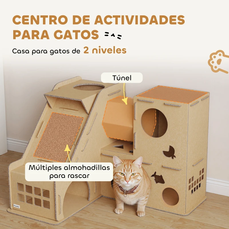 PawHut Casa para Gatos de Cartón Forma Castillo 2 Niveles con 3 Zonas de Rascado Túnel Rampa Incluye Hierba Marrón