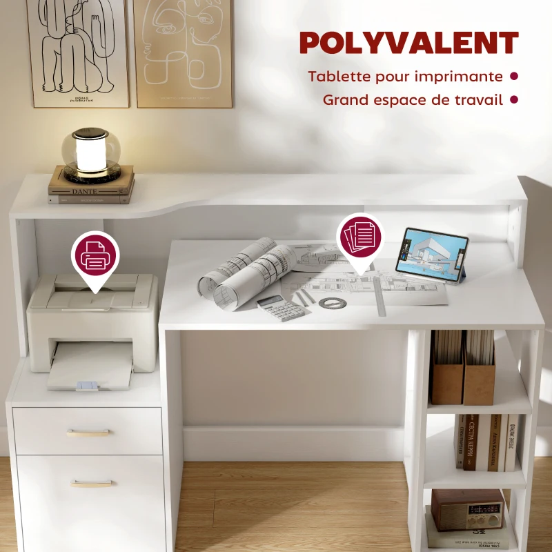 HOMCOM Bureau informatique, bureau avec rangement, 2 tiroirs, étagères ouvertes et tablette d'imprimante, 137x55x92cm, blanc
