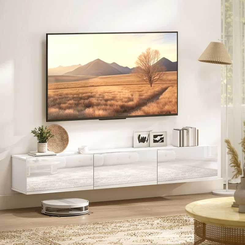 HOMCOM Mobile Porta TV fino a 82" Sospeso con 3 Armadietti a Ribalta e Ante Soft Close, Bianco Lucido