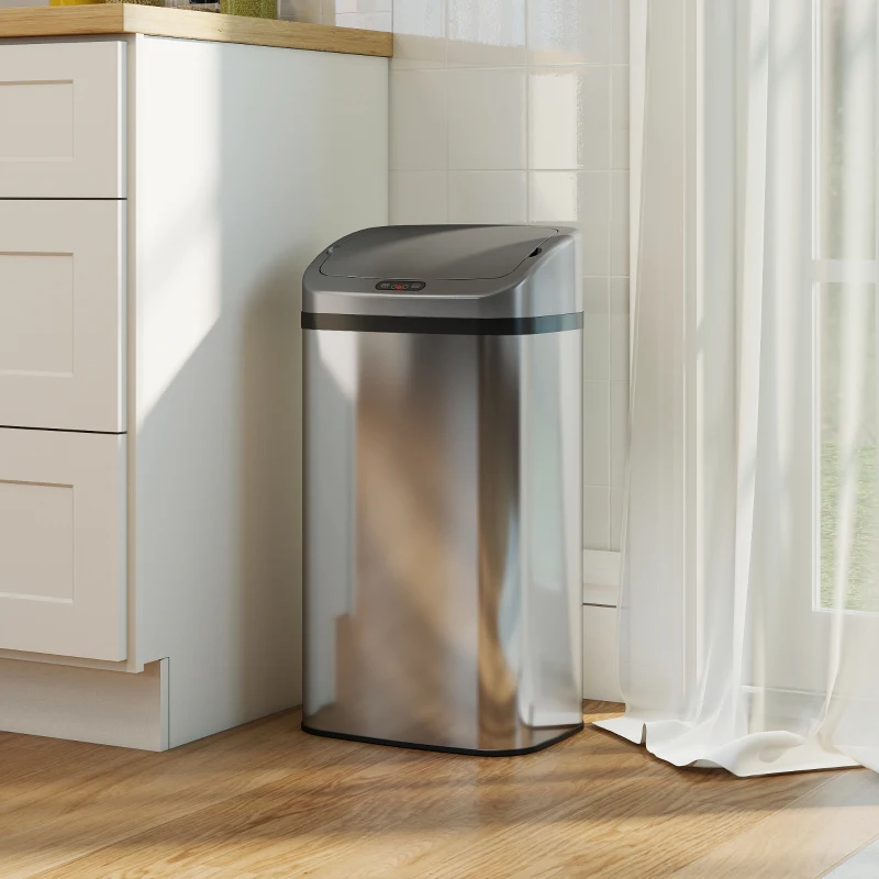 HOMCOM 48 L Sensor-Prullenbak voor Keuken of Kantoor, Automatische Sluitfunctie, Roestvrij Staal, Zilverkleurig(m-10)