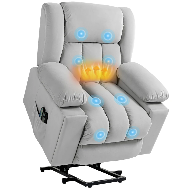 HOMCOM Velvet-Feel Electric Riser, Recliner and Massage Armchair - Light Grey
