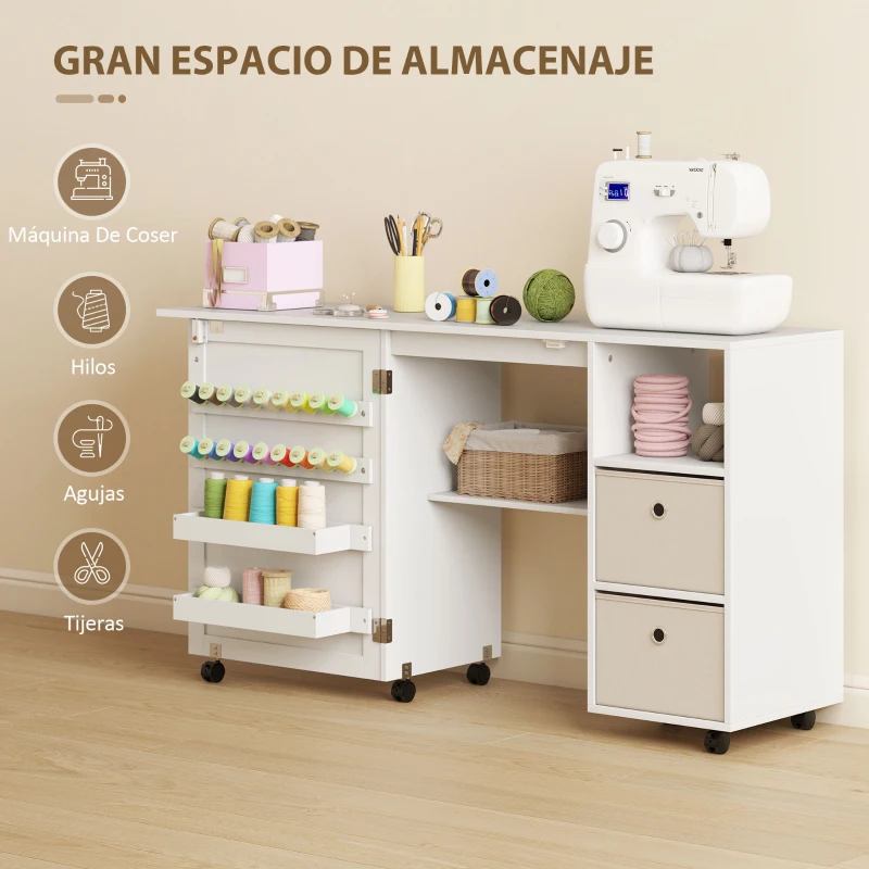 HOMCOM Mesa de Costura Plegable con 6 Ruedas 18 Clavijas 2 Cajones y 3 Compartimentos Blanco