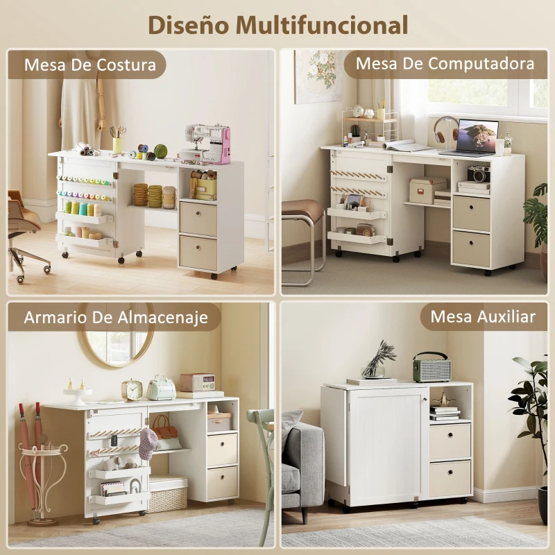 HOMCOM Mesa de Costura Plegable con 6 Ruedas 18 Clavijas 2 Cajones y 3 Compartimentos Blanco