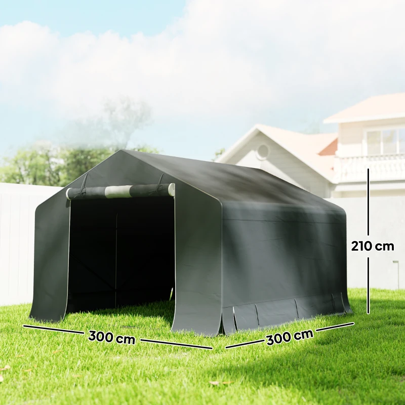 Outsunny Abrigo de jardim portátil, tenda para bicicletas, porta enrolável com fecho de correr, estrutura metálica, armazenamento versátil, cinza escuro