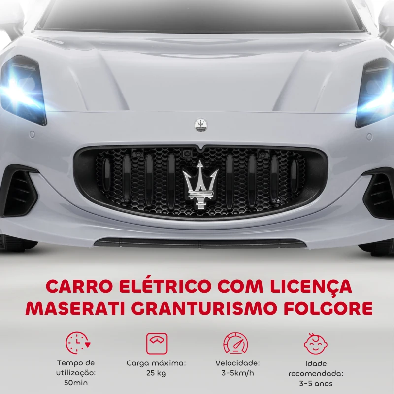 AIYAPLAY Carro Elétrico para Crianças Maserati Gran Turismo Folgore 12V Controlo Remoto Faróis Buzina e Música MP3 98x59x43 cm Cinza