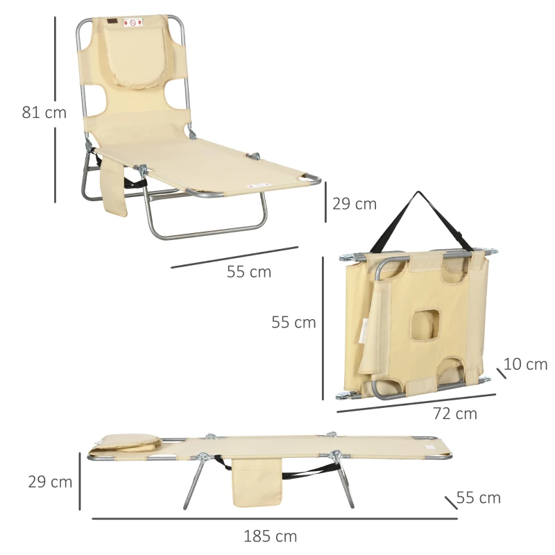 Outsunny Transat de jardin, chaise longue avec ouverture faciale rembourrée, transat style massage pour l'extérieur, poche latérale, tissu, métal, Beige