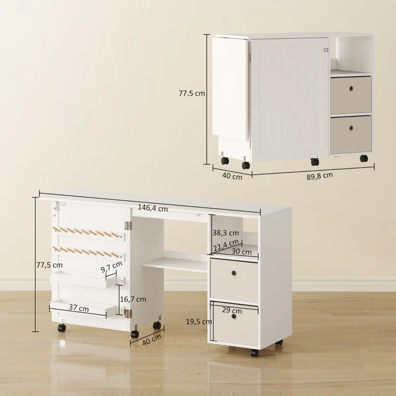 HOMCOM Mesa de Costura Plegable con 6 Ruedas 18 Clavijas 2 Cajones y 3 Compartimentos Blanco