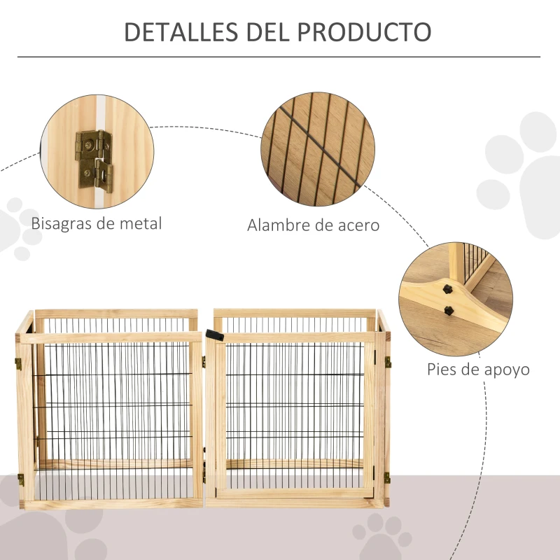 PawHut Barrera de Seguridad para Perros Plegable de Madera para Escaleras y Puertas con Soporte de Pie 432x36x70 cm Natural