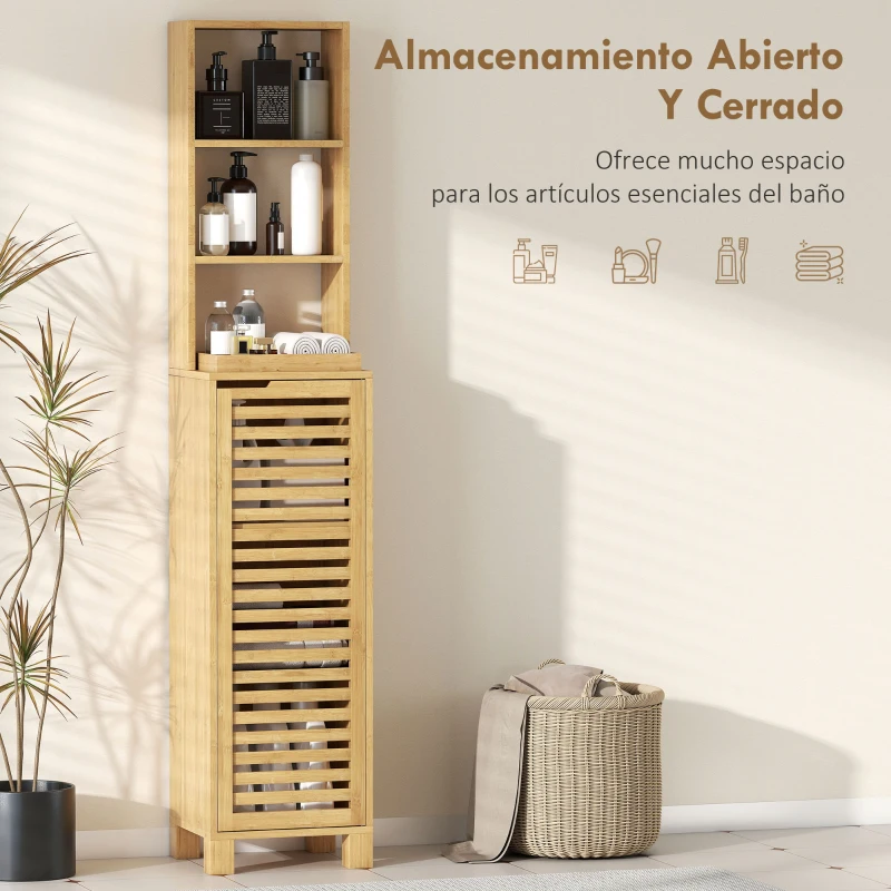 HOMCOM Armario de Baño Alto de Bambú Estrecha con 3 Estantes Abiertos Puerta de Lamas Baldas Ajustables 34x30x170 cm Natural