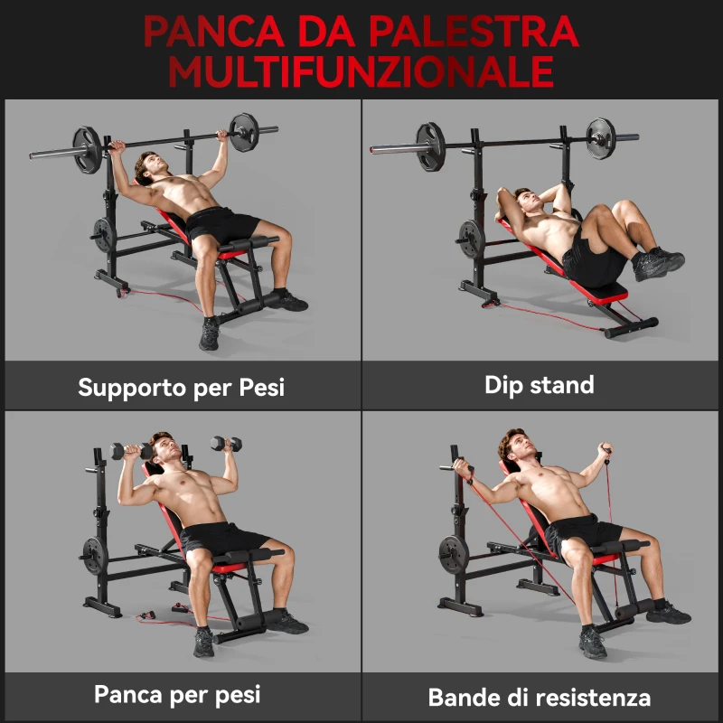 SPORTNOW Panca Fitness con Rack per Pesi, Schienale e Sedile Regolabili, Dip Station, Capacità 420 kg