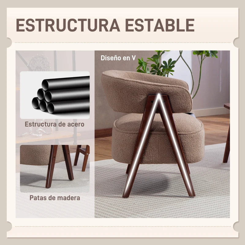 HOMCOM Butaca de Salón Tapizada en Borreguito Acolchada Gruesa Patas de Madera Respaldo Curvado 70x64x71 cm Marrón Claro