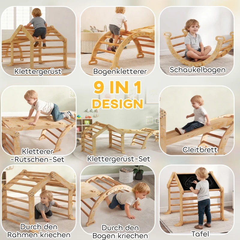 AIYAPLAY 9-in-1 Indoor-Klettergerüst, Rampe, Rutsche, Leiter, Schreibtafel, für Kleinkinder, Holz