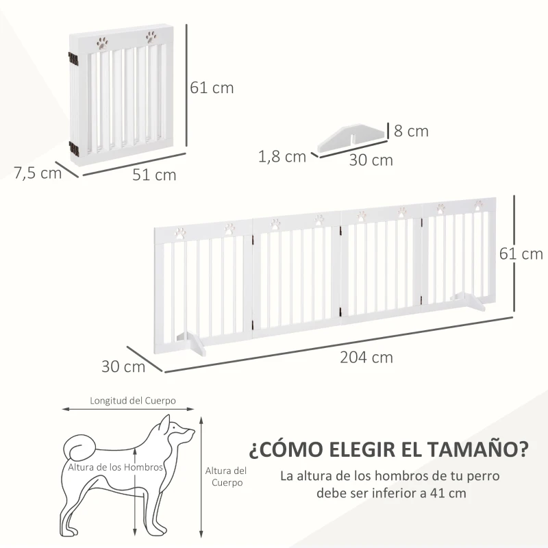 PawHut Barrera para Perros Plegable de 4 Paneles 204x61 cm Barrera de Seguridad para Perros con Estructura de Madera y Patas de Apoyo para Pasillo Escalera Blanco