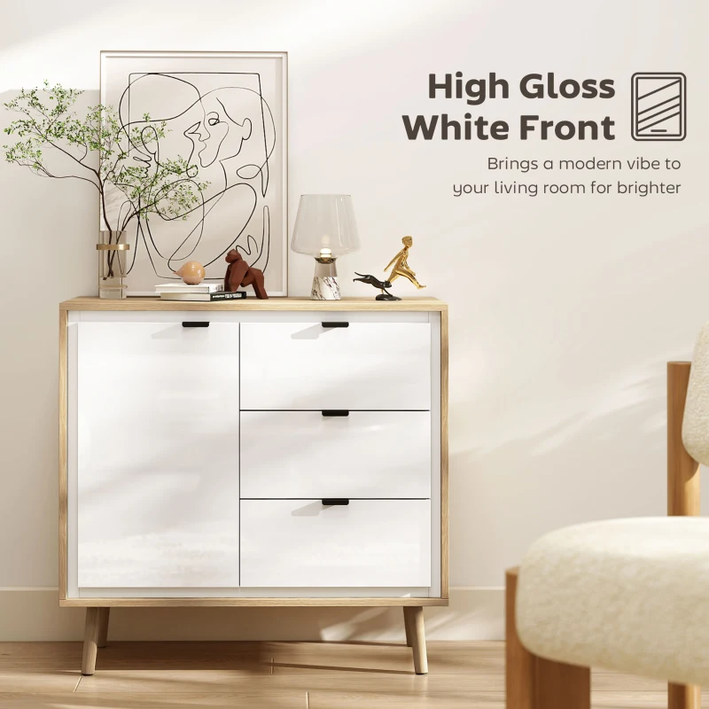 HOMCOM Credență de bucătărie cu 3 sertare și dulap Alb lucios și stejar