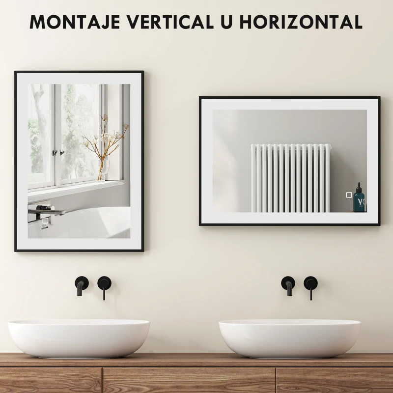 HOMCOM Espejo de Baño con Luz LED 70x50 cm con Iluminación Ajustable Función Antivaho Función de Memoria Negro