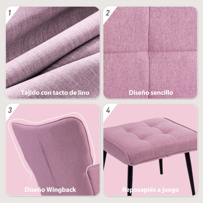 HOMCOM Silla Mecedora con Reposapiés con Cojín Acolchado Reposabrazos Respaldo Alto Patas de Madera Carga 130 kg Rosa