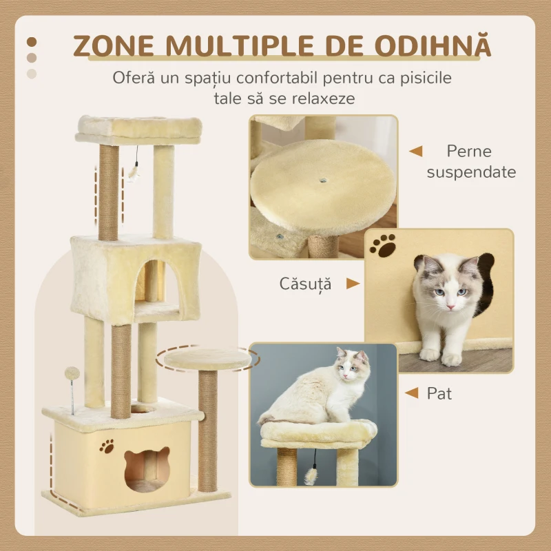 PawHut Ansamblu de joacă pentru Pisici Înalt 136 cm cu Căsuță Detașabilă, Căsuță și Pătuț, Stâlpi din Iută, Bej