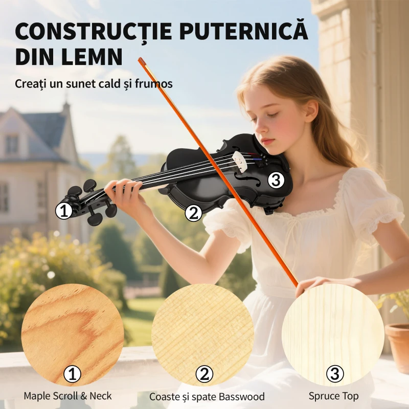 HOMCOM Vioara 4/4 din Lemn de Molid și Artar cu Husă, Arc, Sprijin pentru Umăr și Colofoniu, Negru