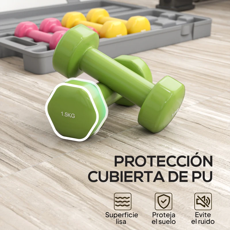 HOMCOM Juego de 6 Mancuernas Hexagonales de 1,5kg 1kg y 0,5kg con Revestimiento de Neopreno con Maletín 43x18x7,5 cm Multicolor