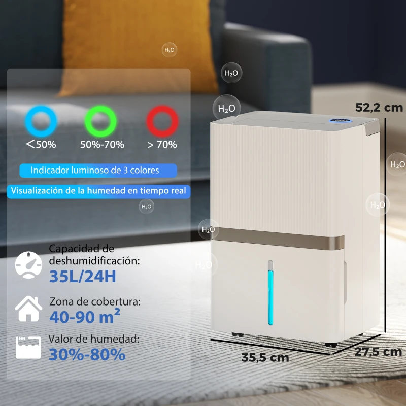 HOMCOM Deshumidificador 35L/Día para 40-90 ㎡ Luz Indicador de Humedad Depósito 5,5 Litros Drenaje Continuo Temporizador 24H