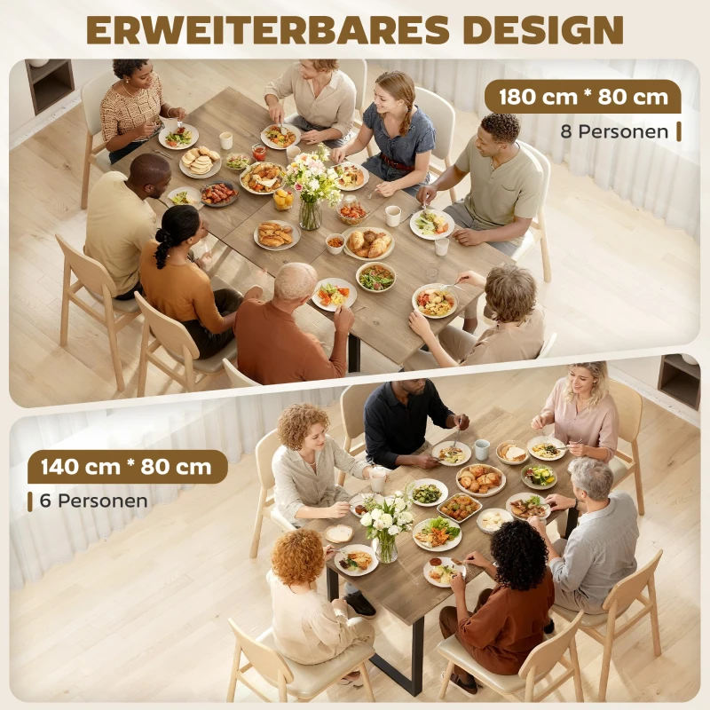 HOMCOM Uitschuifbare eettafel voor 6-8 personen, 140-180 cm, rechthoekige keukentafel met stalen onderstel, naturel hout+zwart