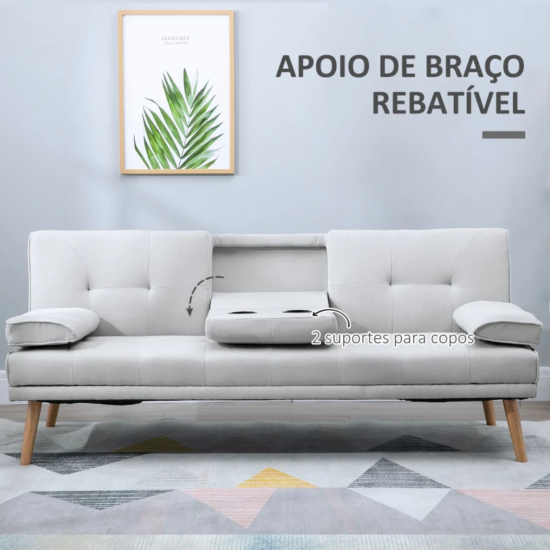 HOMCOM Sofá Cama 3 Lugares com Encosto Ajustável Apoio para os Braços Desmontável e 2 Suportes para Copos 181x77x78 cm Cinza Claro