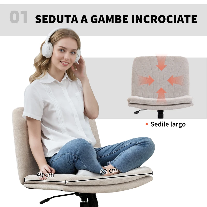 HOMCOM Sedia da Ufficio Regolabile, Inclinabile e Girevole, in Tessuto Chenille e Acciaio, 62x67x83-93 cm, Beige