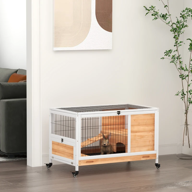 PawHut Clapier lapin intérieur clapier pour cochon d'inde en bois avec toit ouvrant et roulettes 90 x 53 x 59 cm jaune et blanc