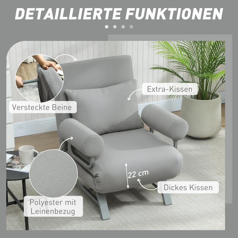 HOMCOM Schlafsessel, Polstersessel, zum Gästebett umwandelbar, ergonomisch, Hellgrau