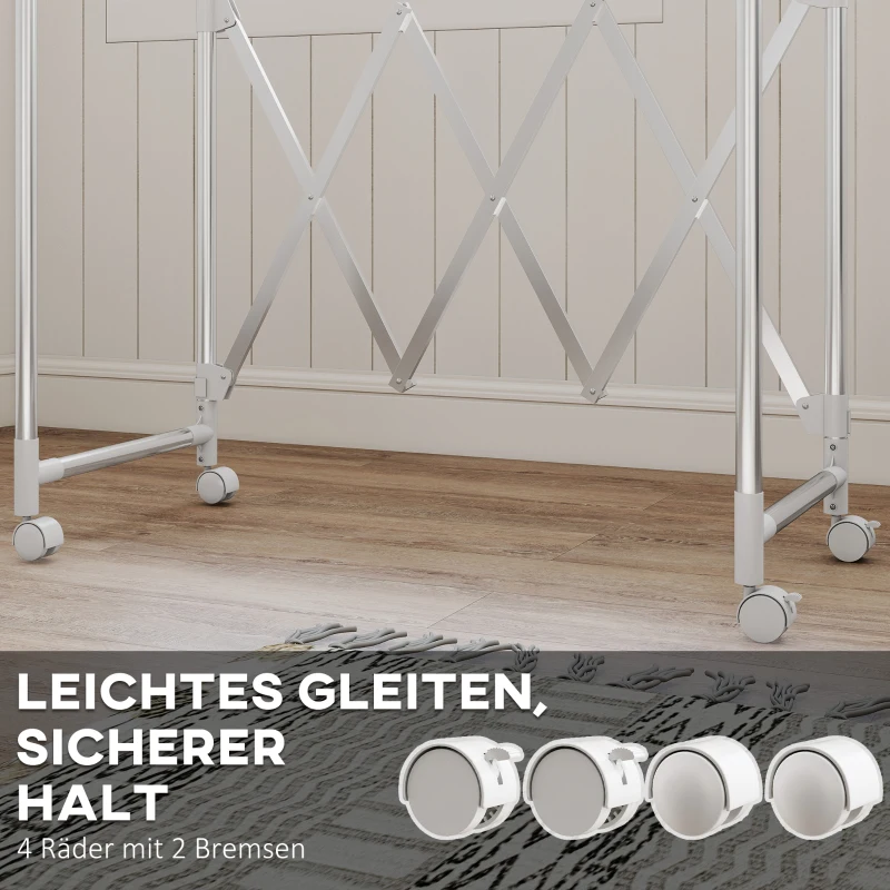 HOMCOM Wäscheständer, Faltbarer Standtrockner mit 3 verstellbaren Stangen, Edelstahl Turmwäscheständer auf Rollen, Wäscheturm Wäschetrockner für Innen und Außen