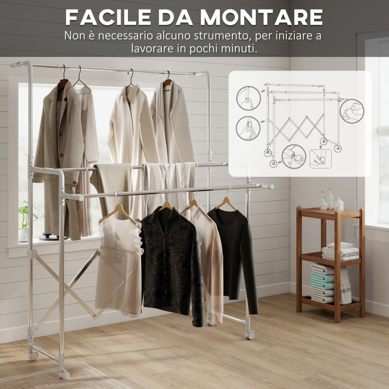 HOMCOM Stendibiancheria Pieghevole con 3 Barre Regolabili, Ruote Girevoli e Struttura in Acciaio Inox, Argento