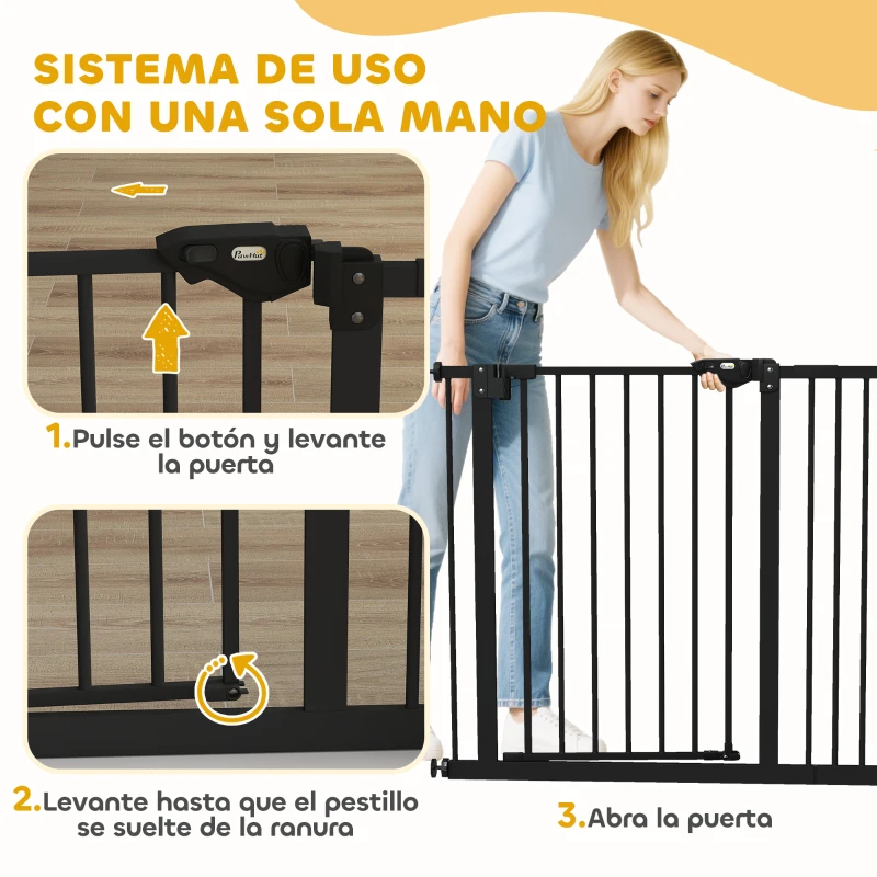PawHut Barrera de Seguridad para Perros 74-94 cm con Extensión Montaje a Presión y Doble Bloqueo Negro