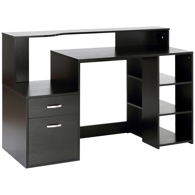 HOMCOM Bureau informatique avec 2 tiroirs, bureau avec rangement, 137 x 55 x 92 cm, étagères ouvertes et tablette d'imprimante, style moderne, table d'ordinateur pour chambre, studio, noir